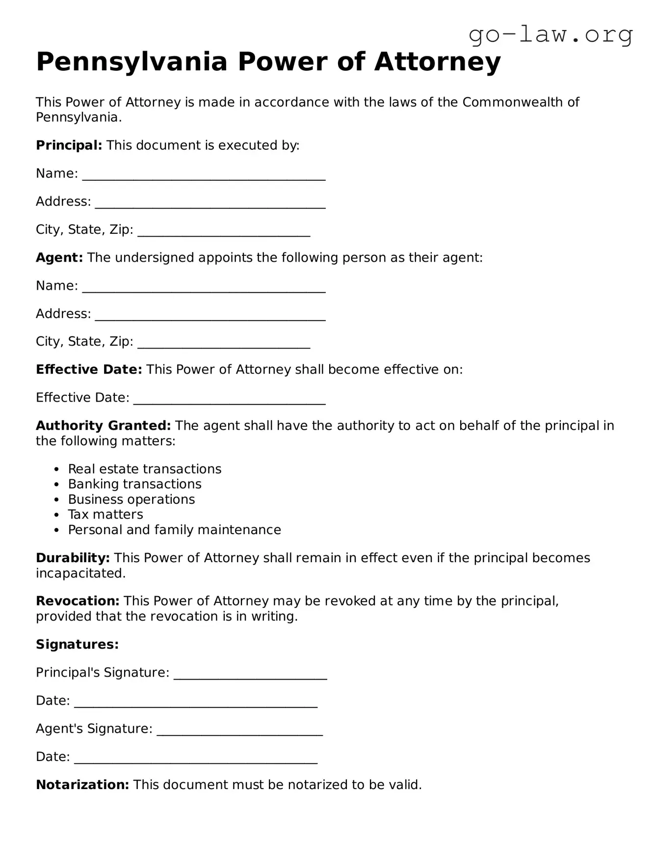 Fillable Pennsylvania Power of Attorney Form