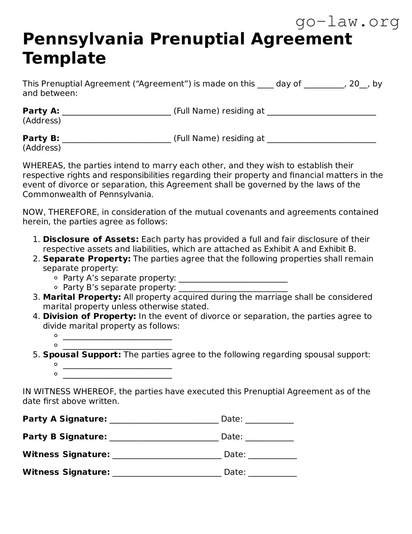 Fillable Pennsylvania Prenuptial Agreement Form