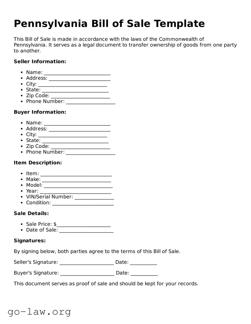 Fillable Pennsylvania Bill of Sale Form
