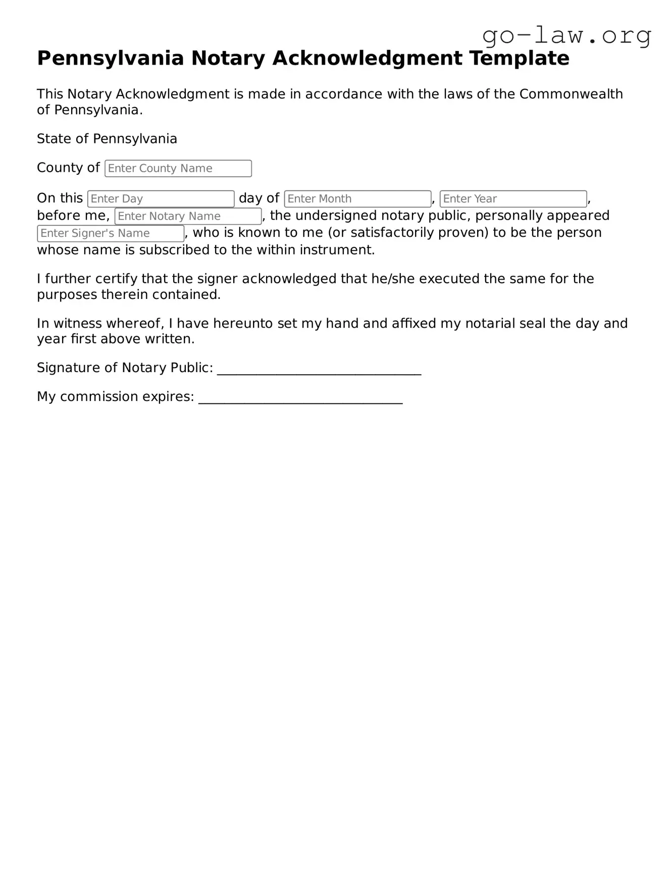 Fillable Pennsylvania Notary Acknowledgement Form