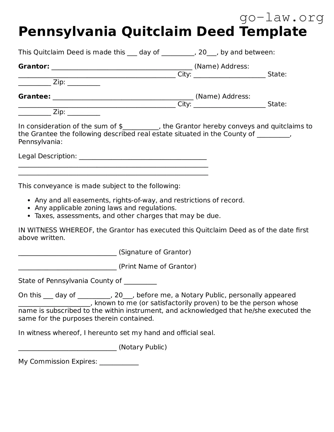 Fillable Pennsylvania Quitclaim Deed Form