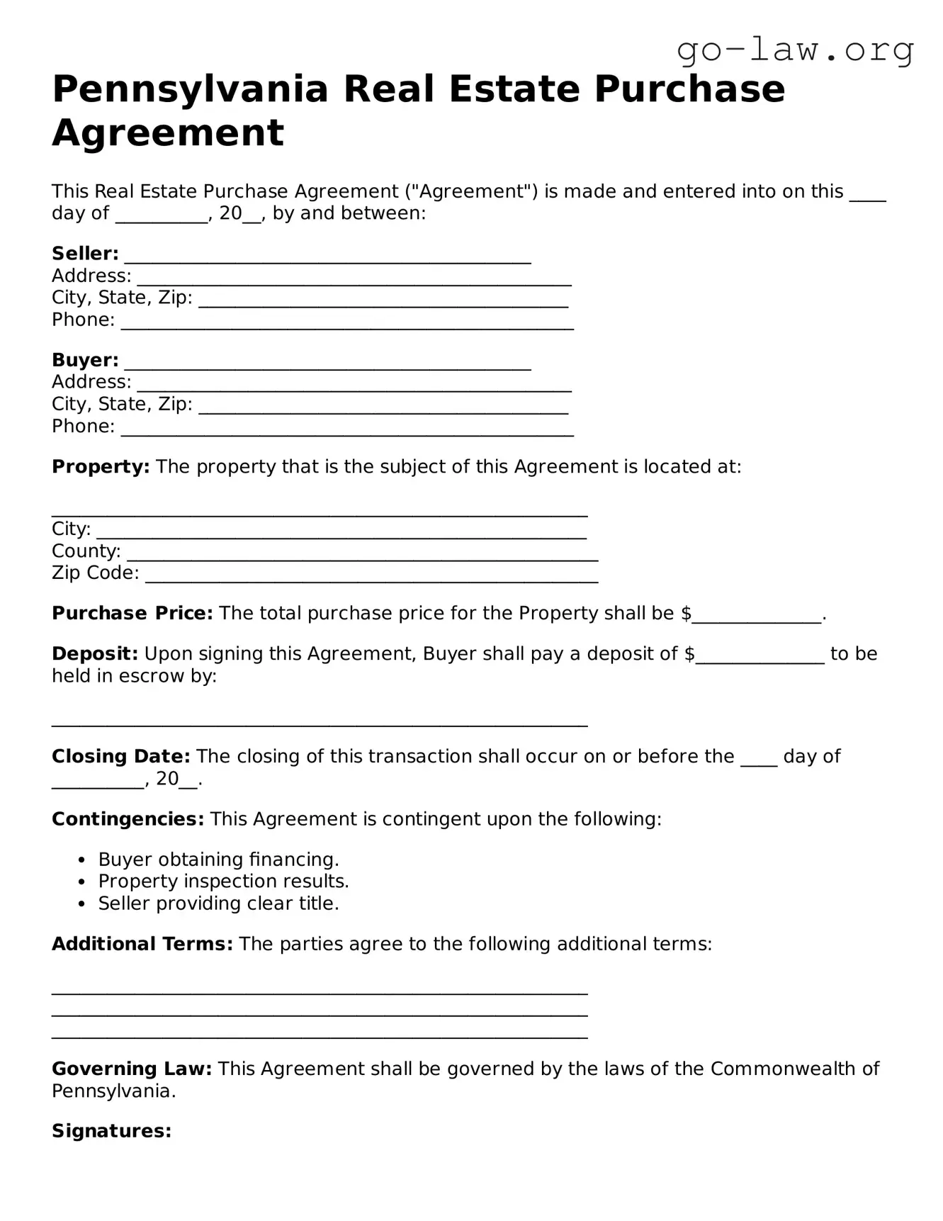 Fillable Pennsylvania Real Estate Purchase Agreement Form