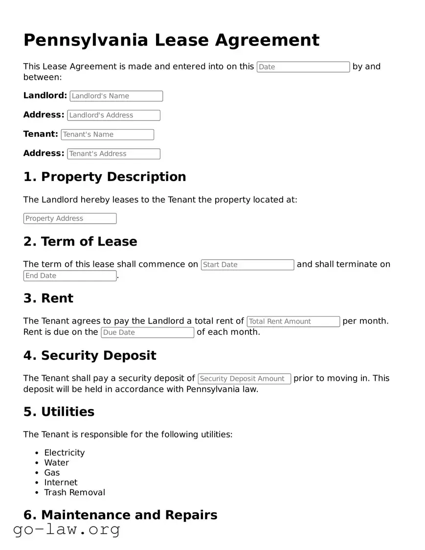 Fillable Pennsylvania Lease Agreement Form