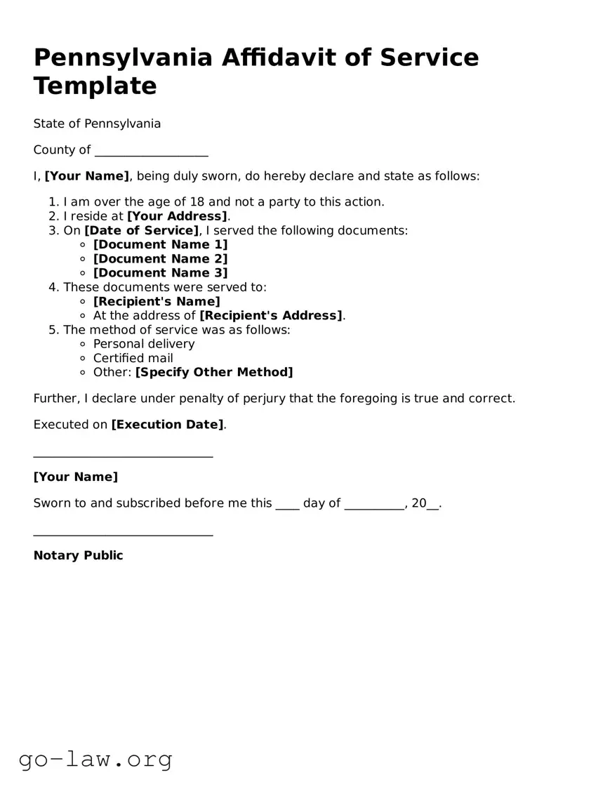 Fillable Pennsylvania Affidavit of Service Form