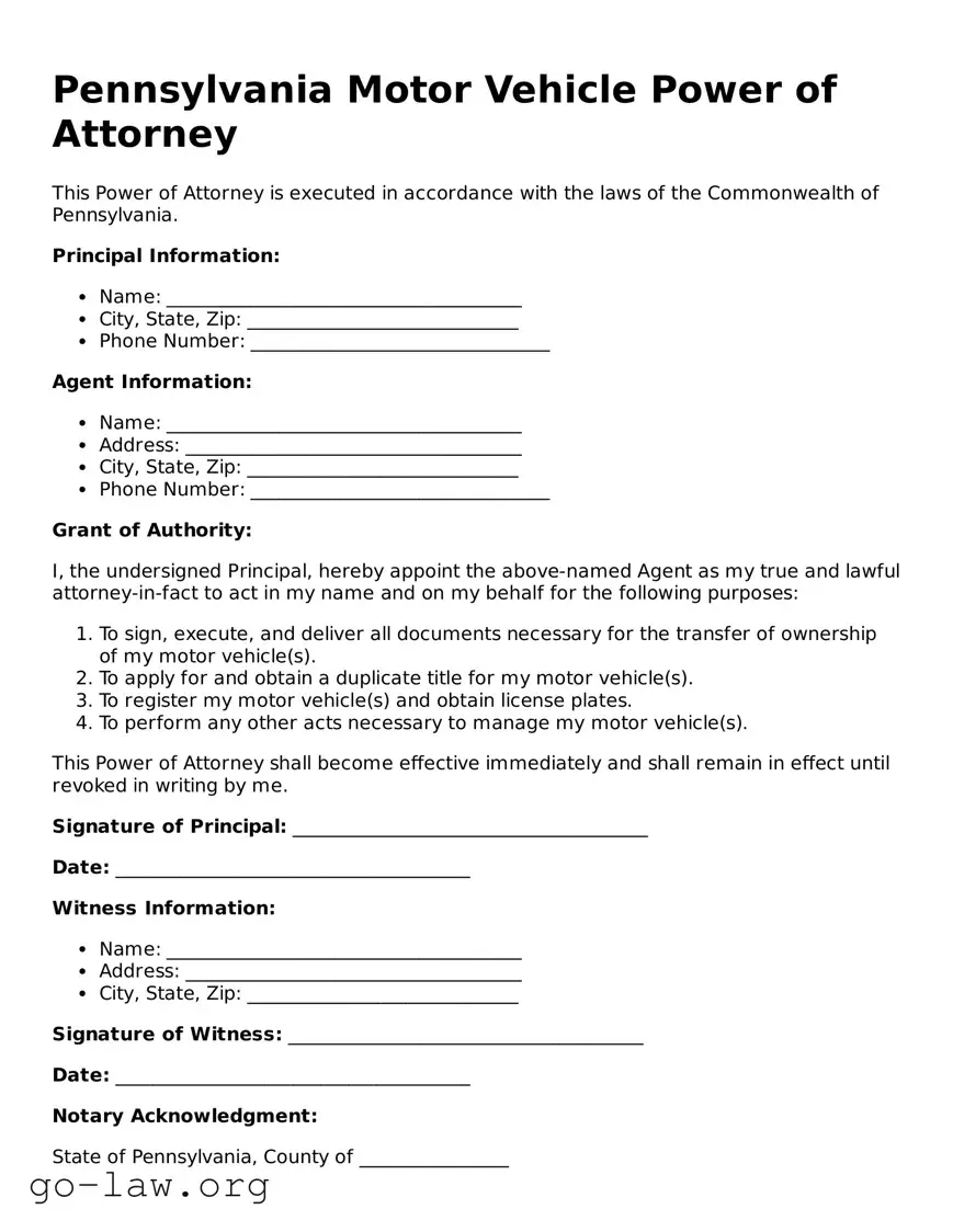Fillable Pennsylvania Motor Vehicle Power of Attorney Form