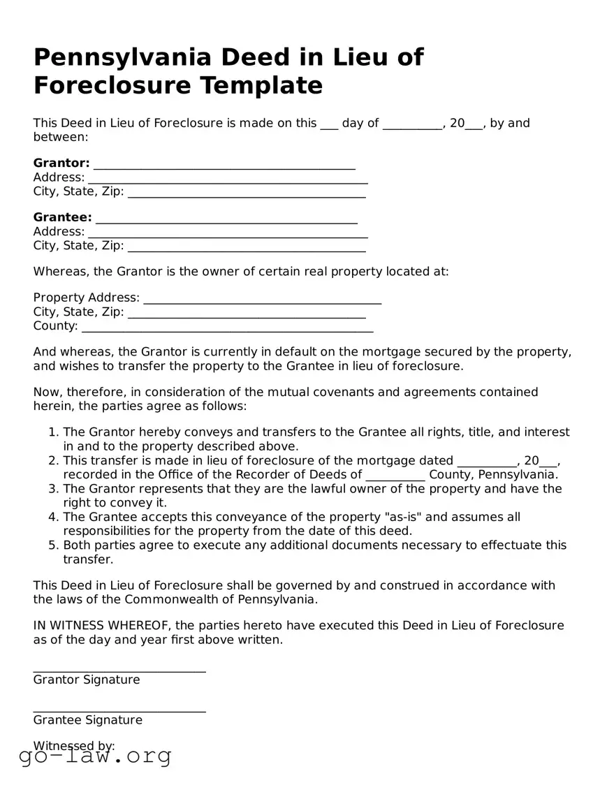 Fillable Pennsylvania Deed in Lieu of Foreclosure Form