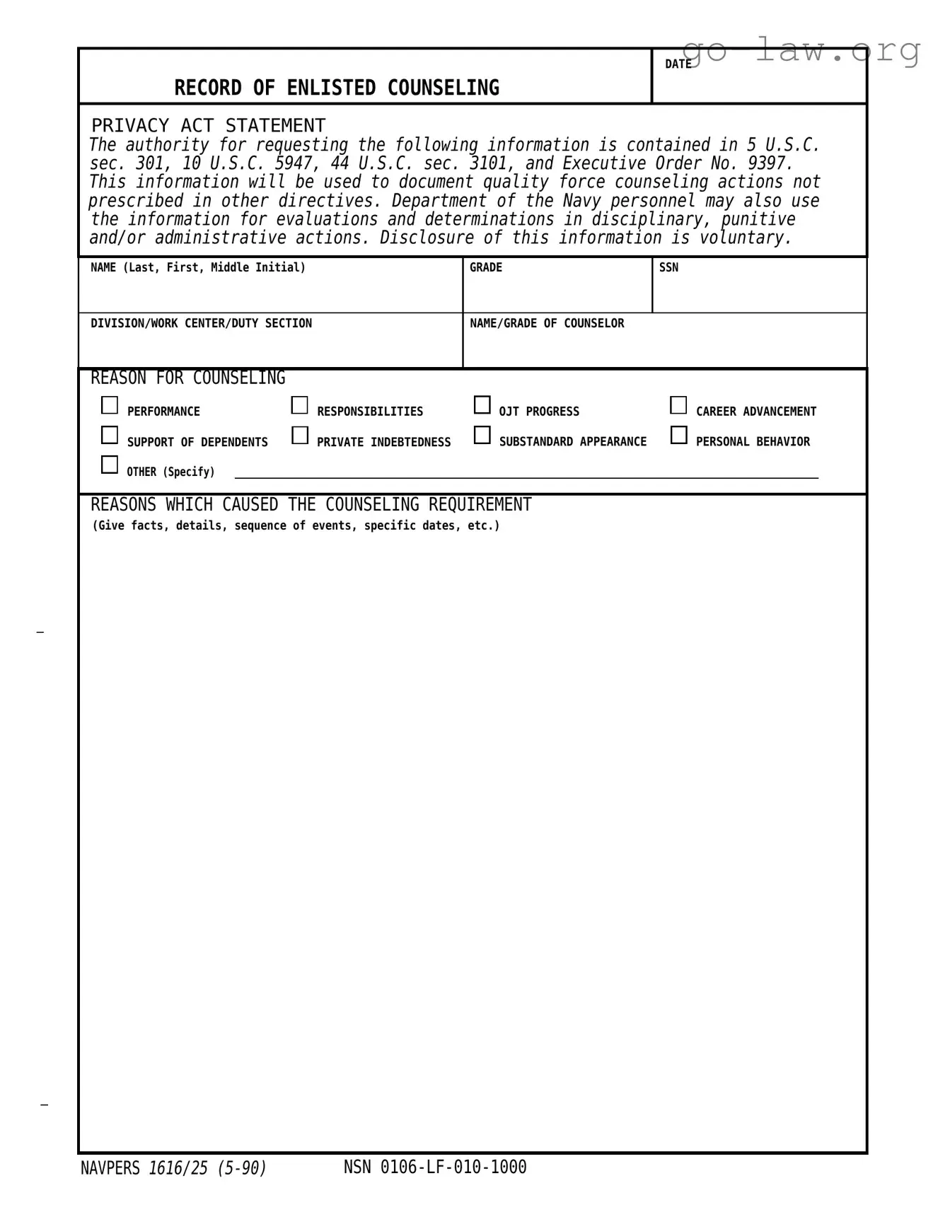 Download Navpers 1616 25 Form in PDF