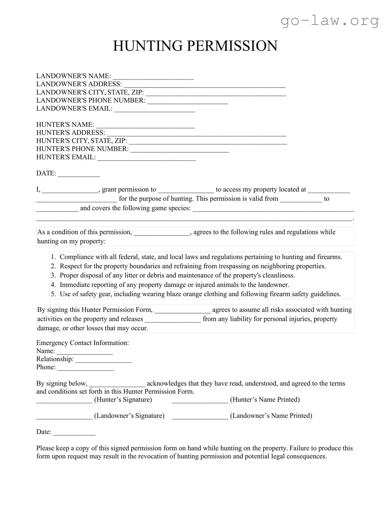 Download Hunter Permission Form in PDF