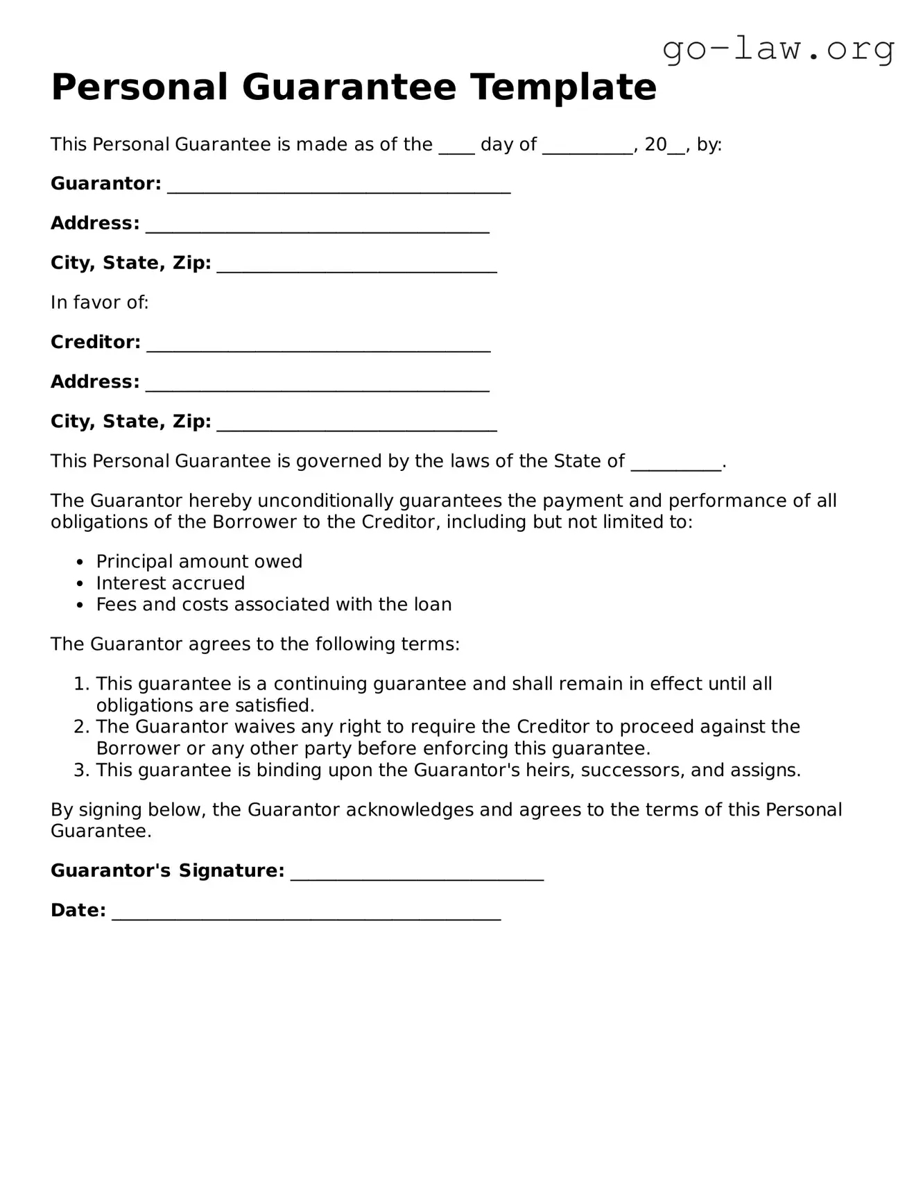 Blank Personal Guarantee Template
