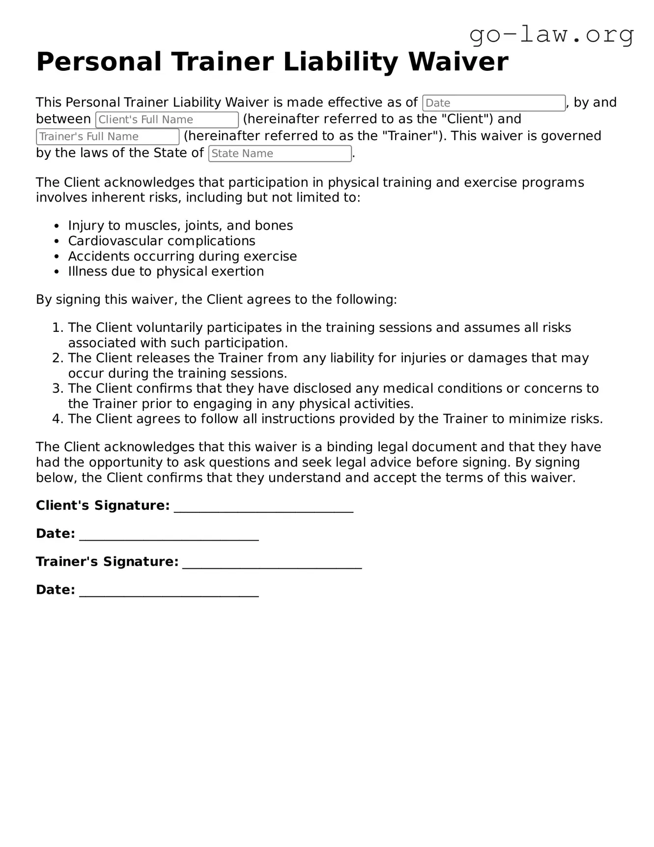 Blank Personal Trainer Liability Waiver Template