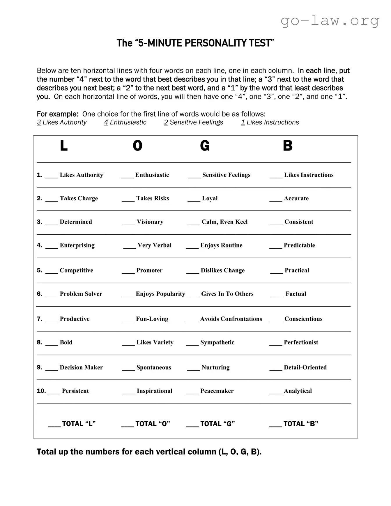 Download 5 Minute Personality Test Form in PDF