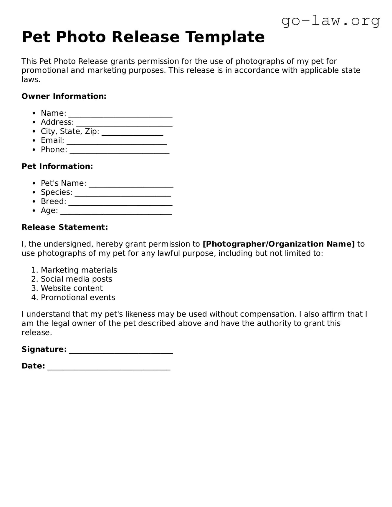 Blank Pet Photo Release Template