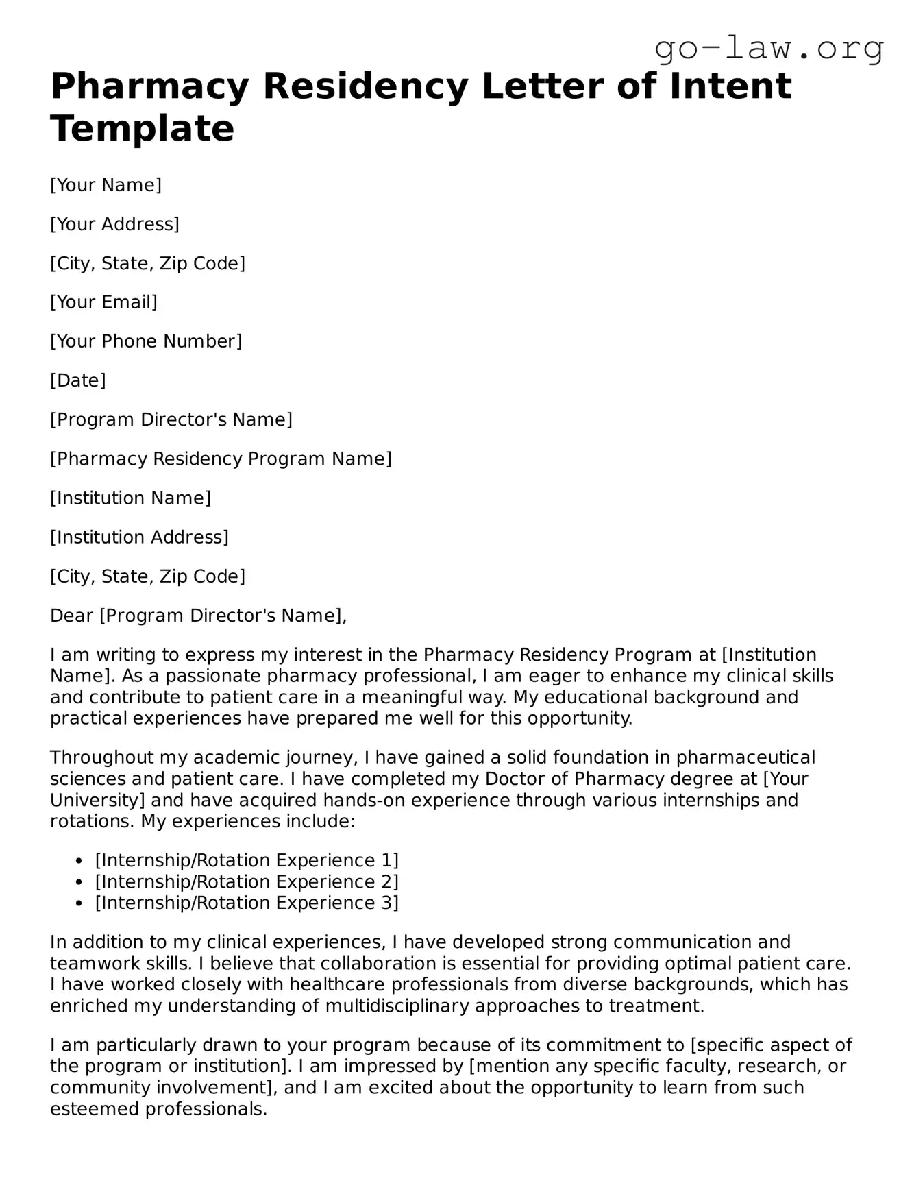 Blank Pharmacy Residency Letter of Intent Template