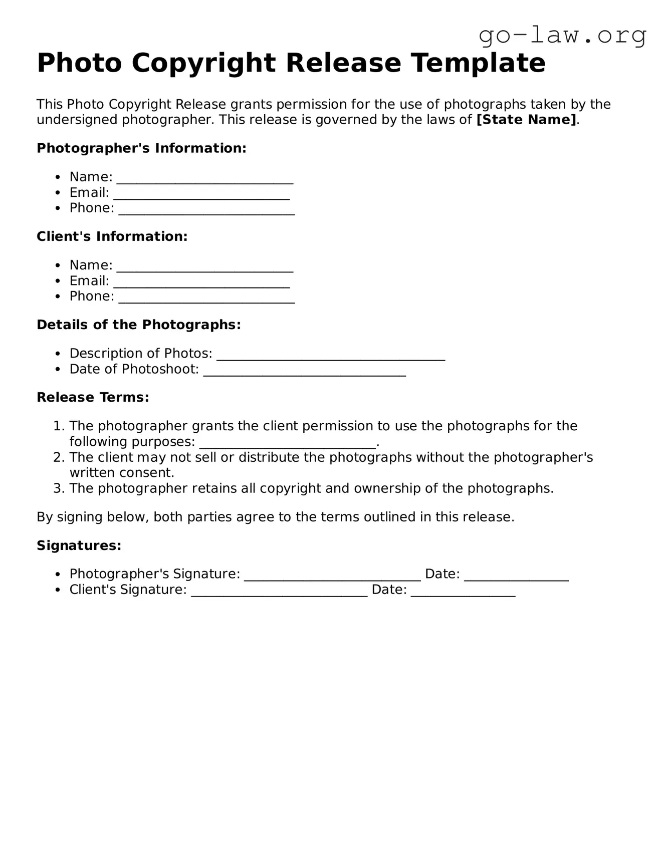 Blank Photo Copyright Release Template