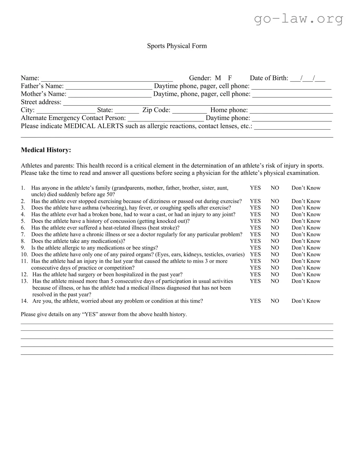 Download Sports Physical Form in PDF