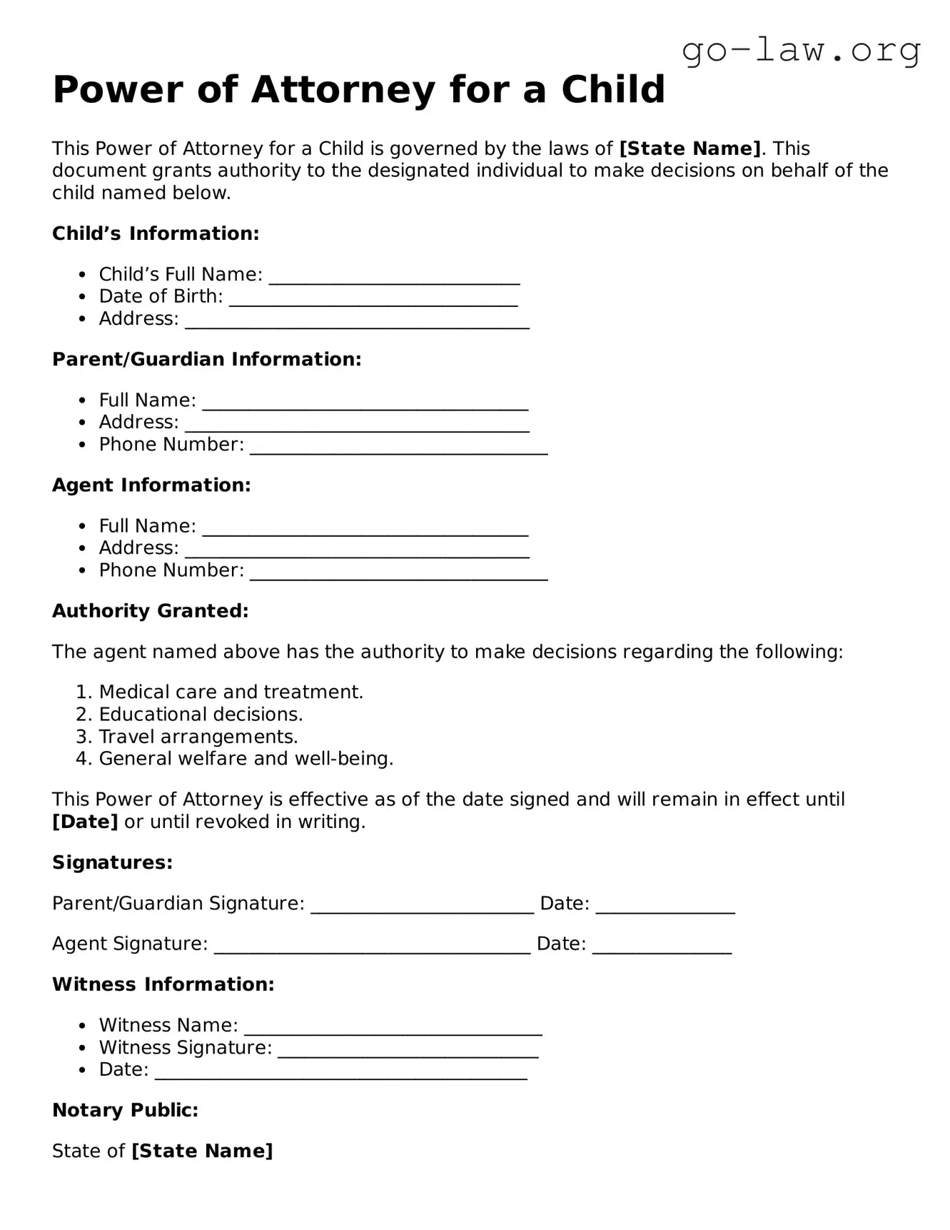 Blank Power of Attorney for a Child Template