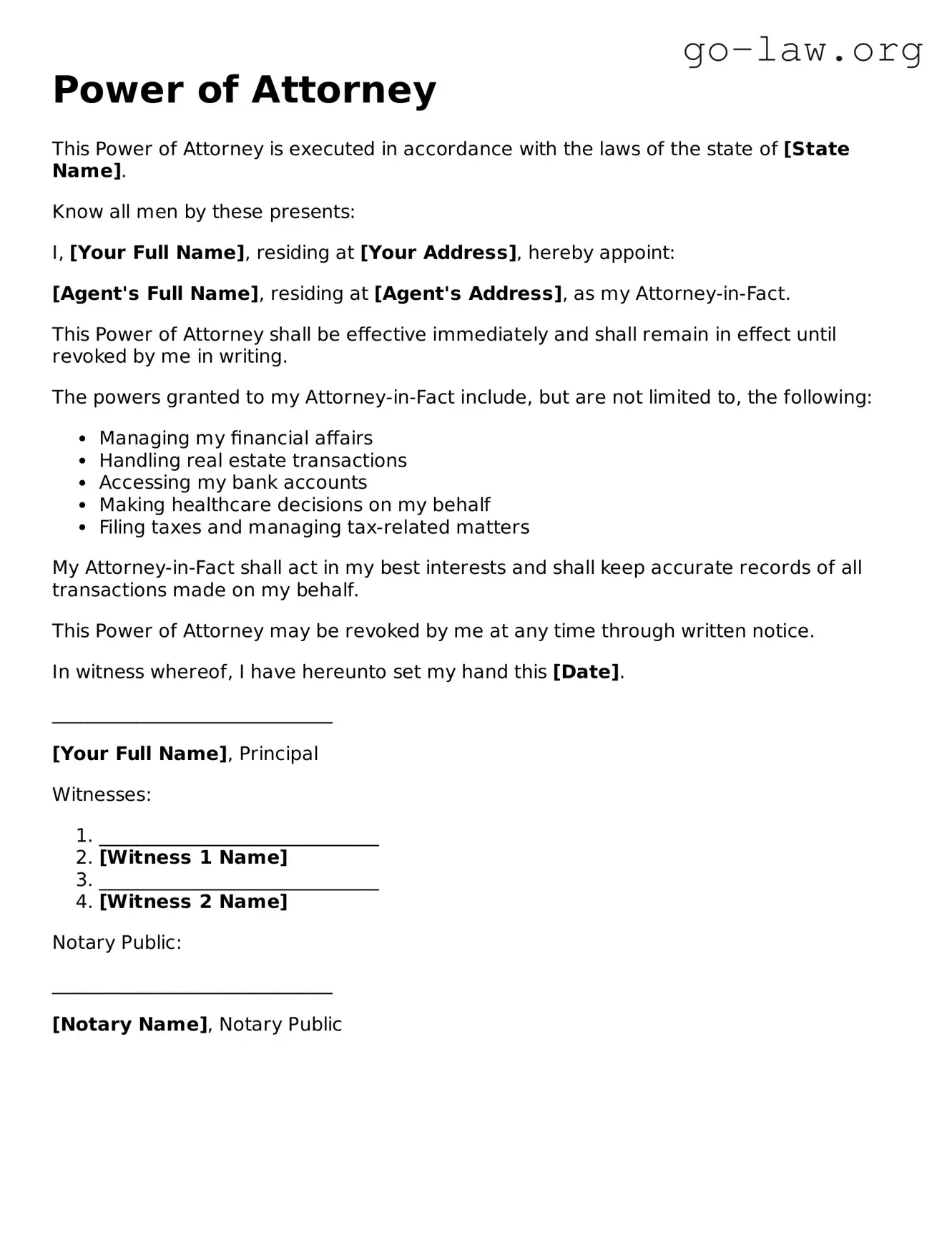 Blank Power of Attorney Template