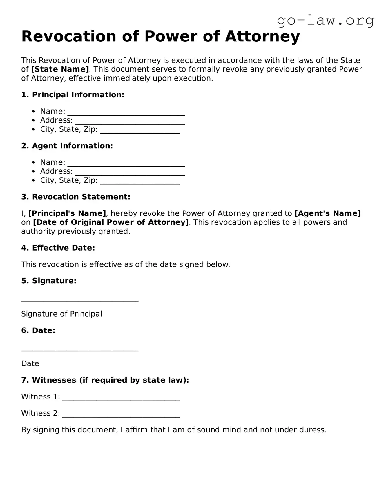 Blank Revocation of Power of Attorney Template
