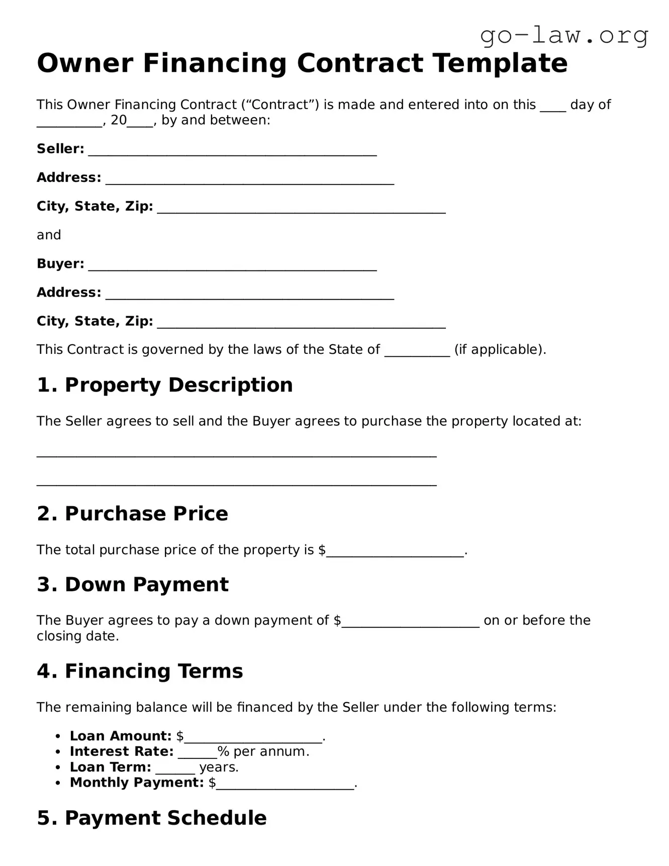 Blank Owner Financing Contract Template