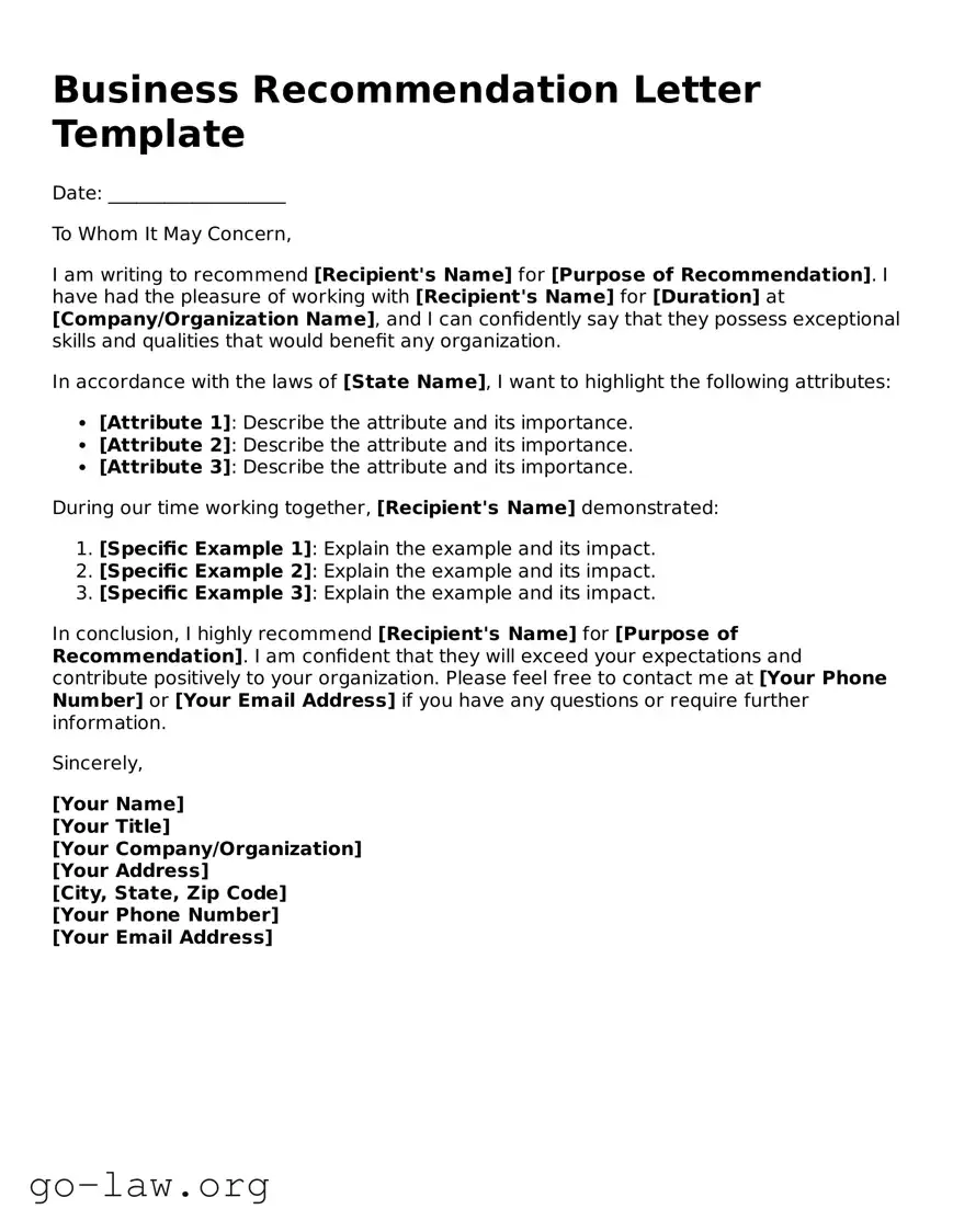 Blank Business Recommendation Letter Template