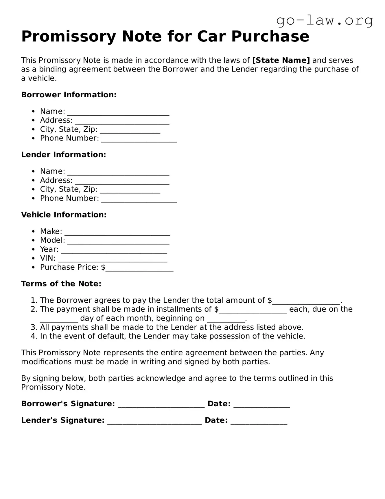 Blank Promissory Note for a Car Template