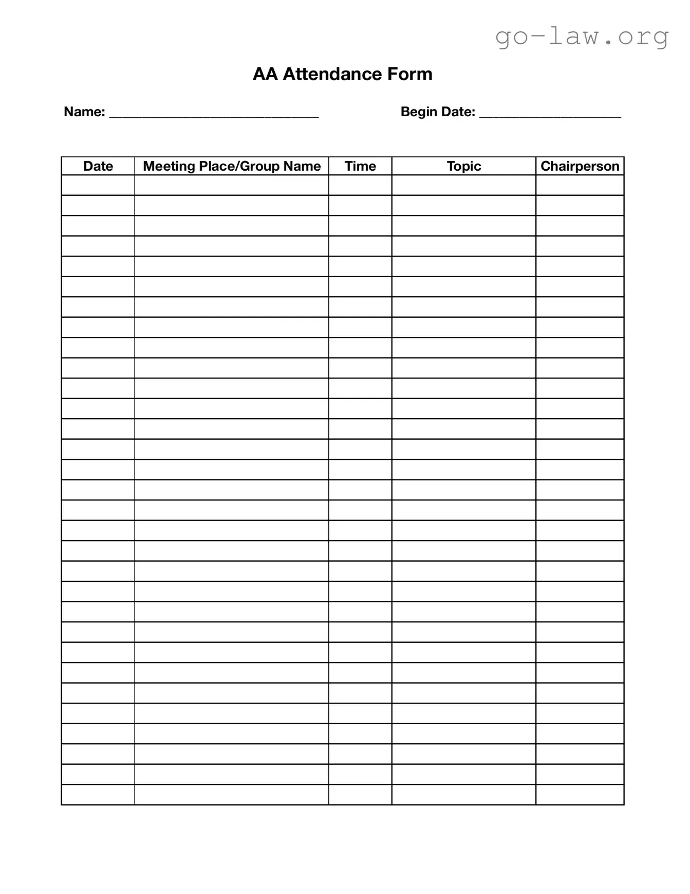 Download Aa Recovery Proof Of Attendance Sheet Form in PDF