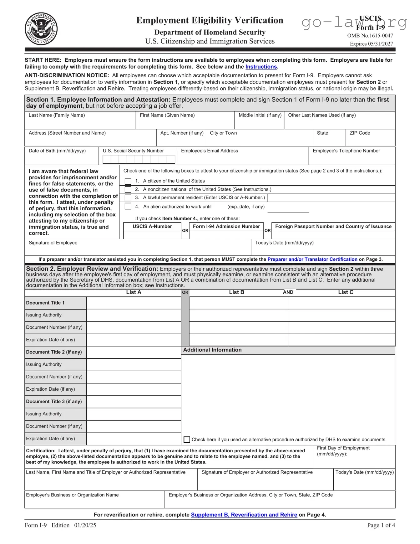 Download USCIS I-9 Form in PDF