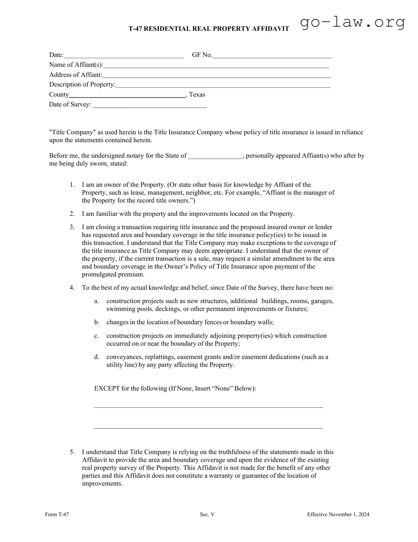 Download Texas residential property affidavit T-47 Form in PDF
