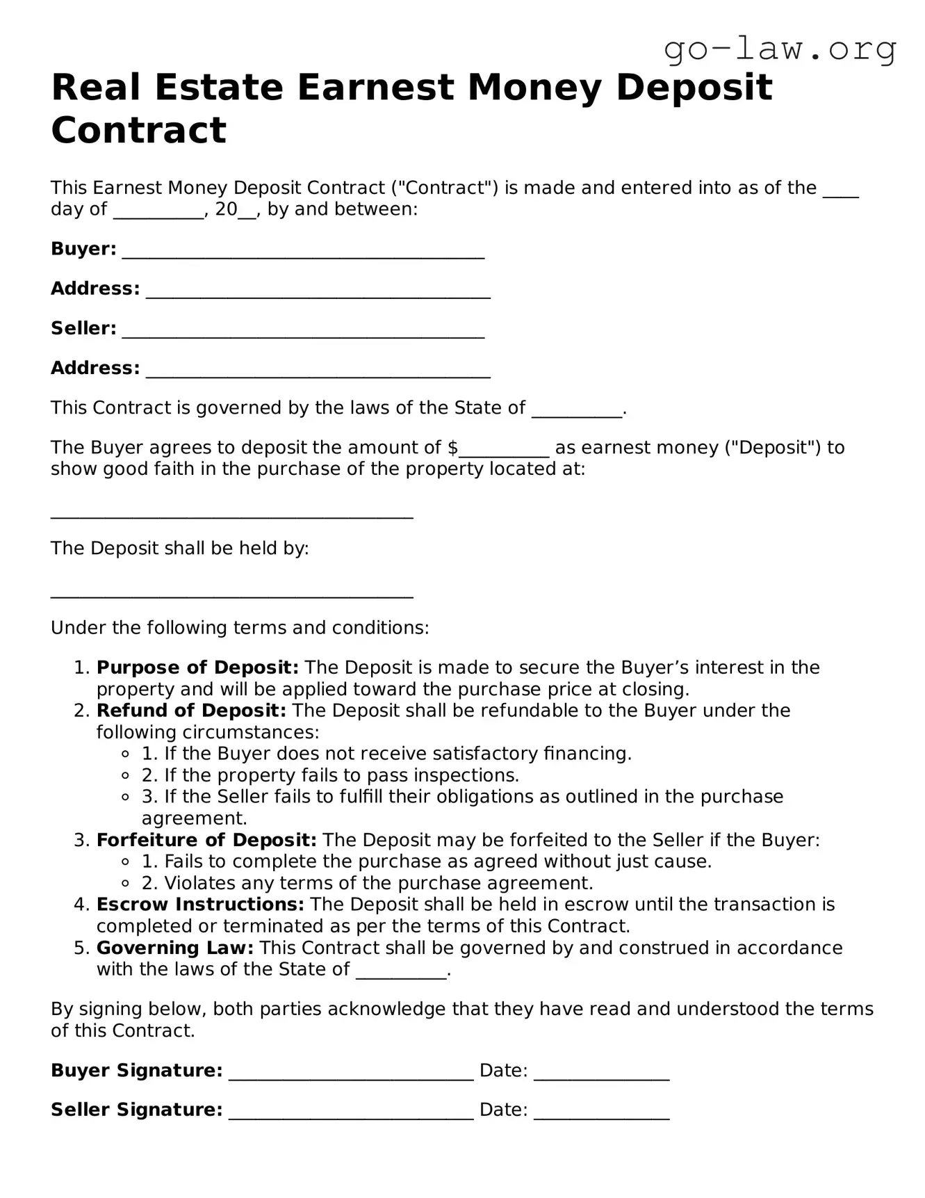 Blank Real Estate Earnest Money Deposit Contract Template
