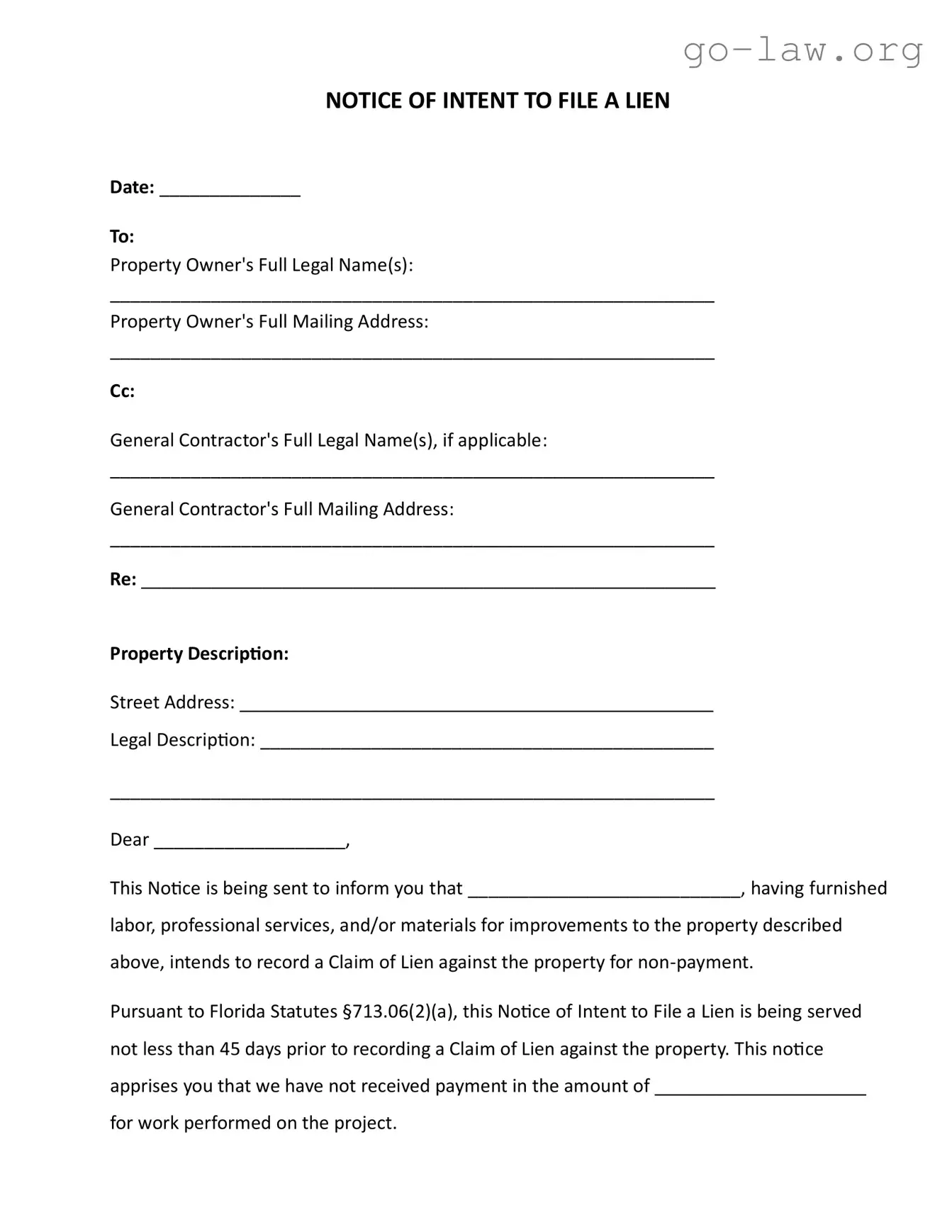 Download Intent To Lien Florida Form in PDF