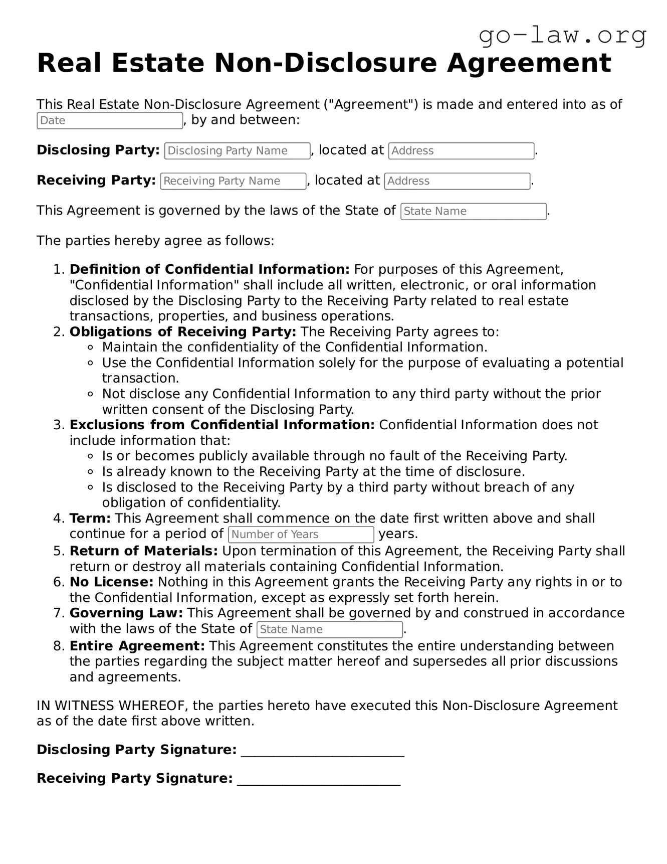 Blank Real Estate Non-Disclosure Agreement Template
