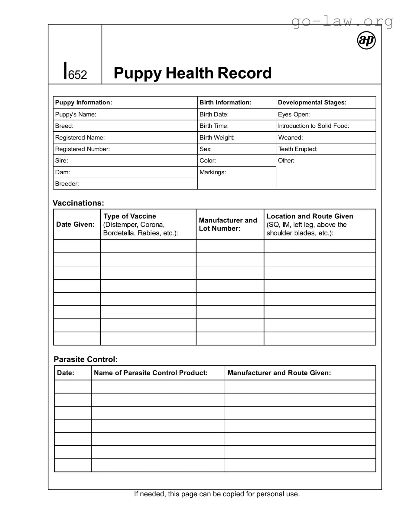 Download Puppy Health Record Form in PDF