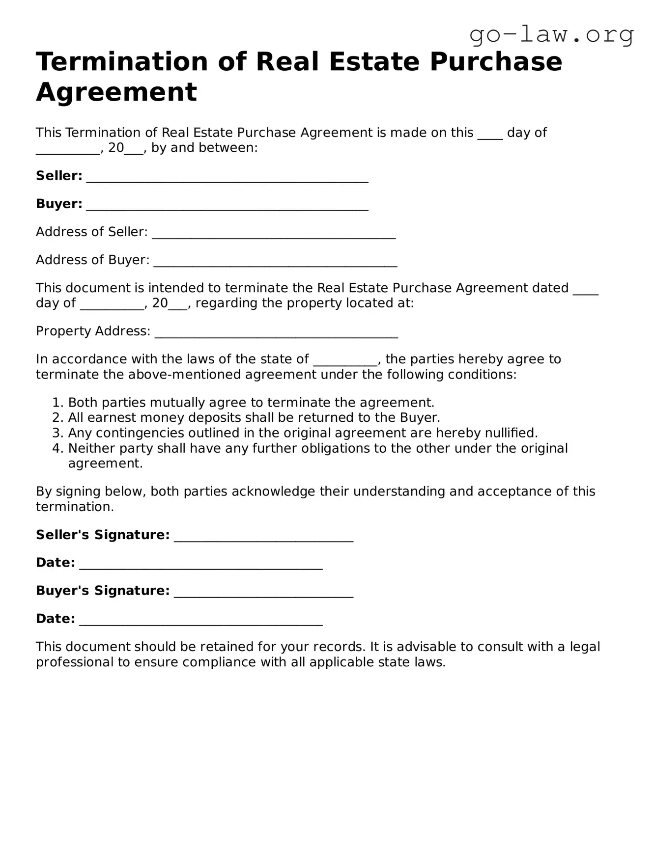Blank Termination of Real Estate Purchase Agreement Template