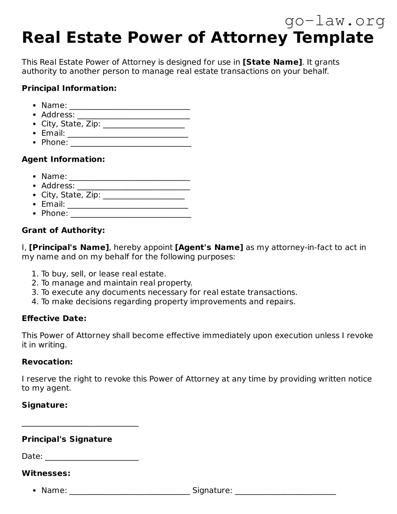 Blank Real Estate Power of Attorney Template