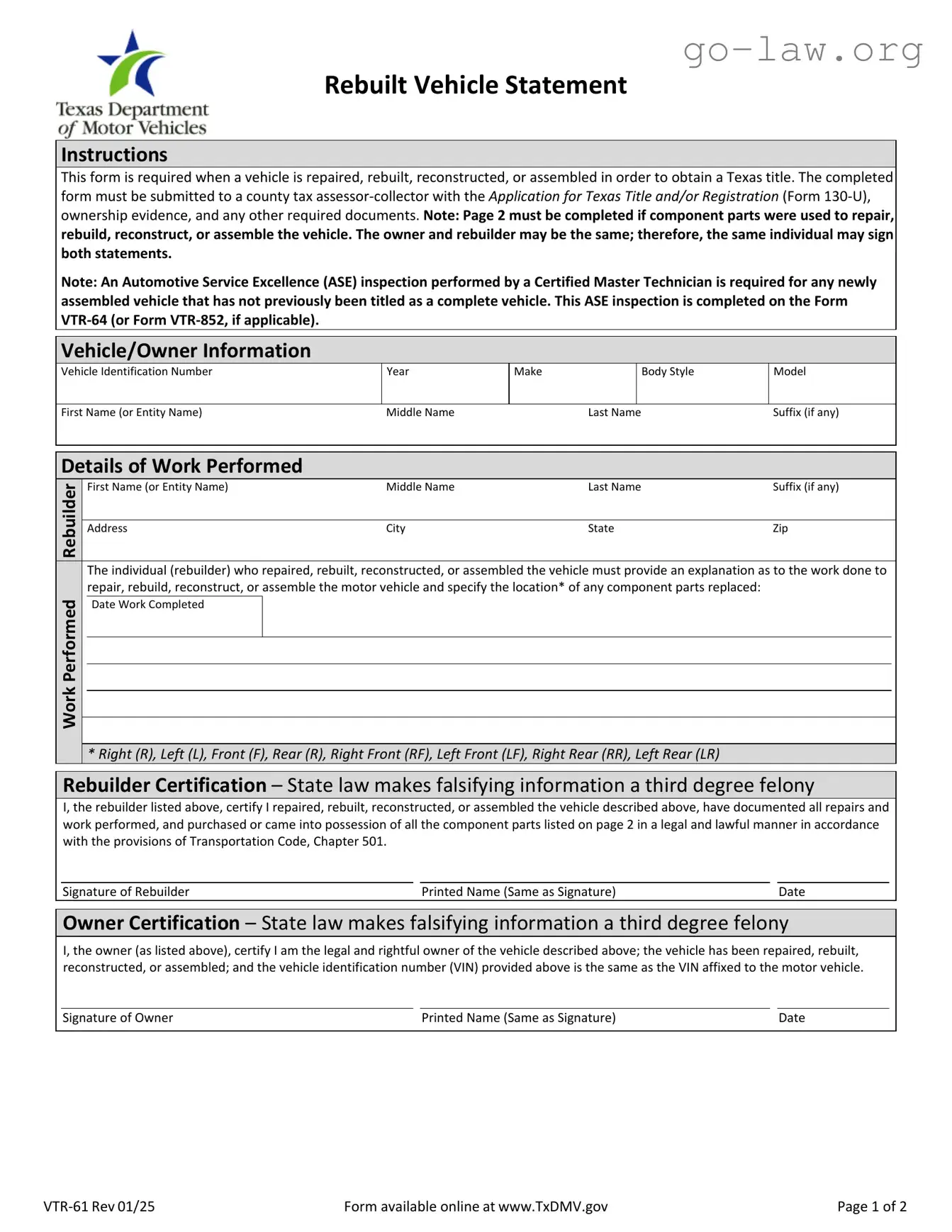 Download Vtr 61 Form in PDF