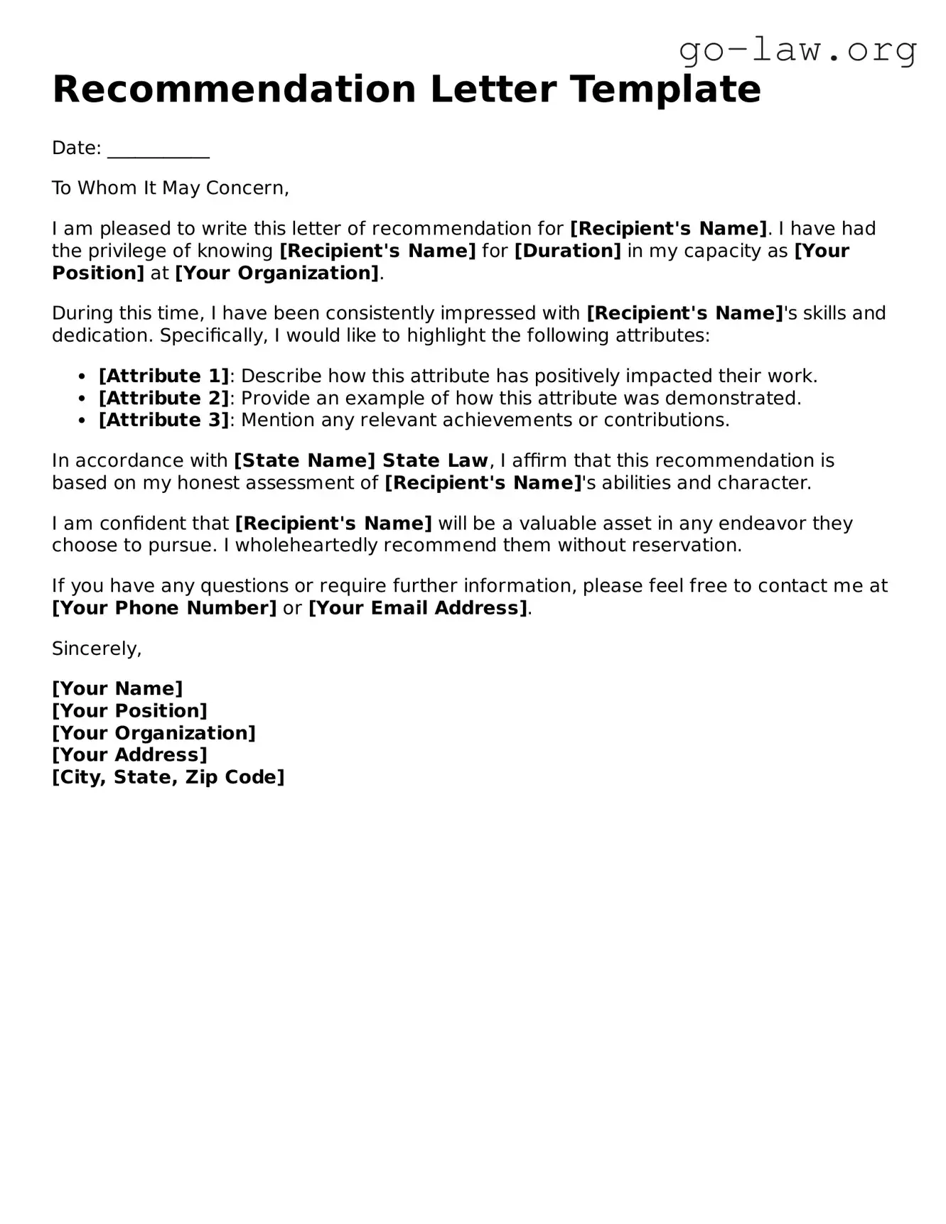 Blank Recommendation Letter Template