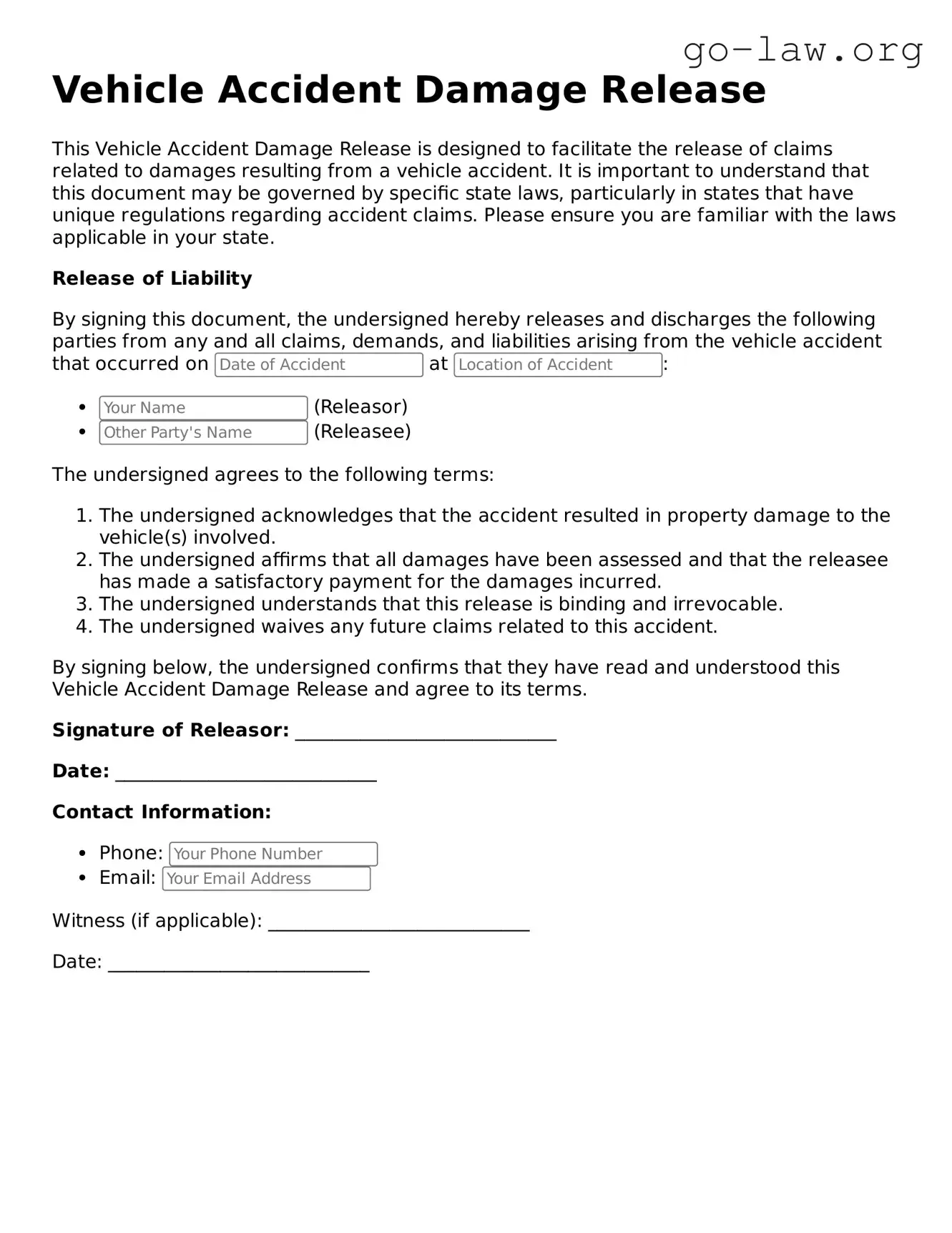 Blank Vehicle Accident Damage Release Template