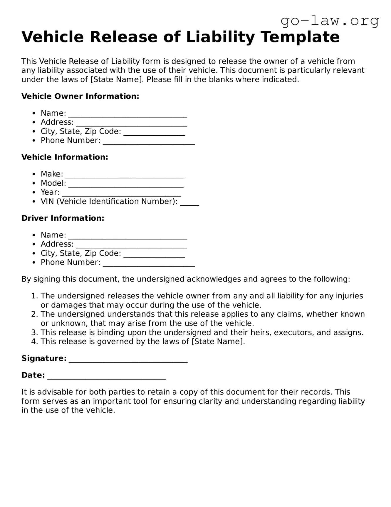 Blank Vehicle Release of Liability Template