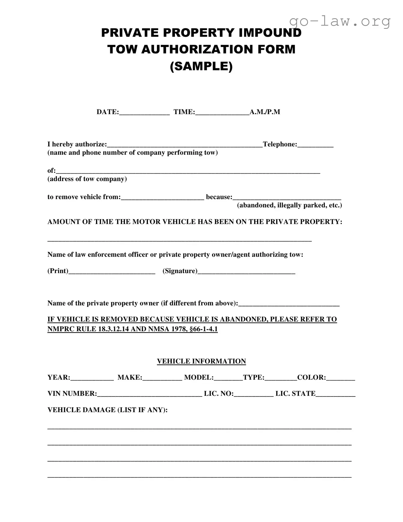 Download Tow Authorization Form in PDF