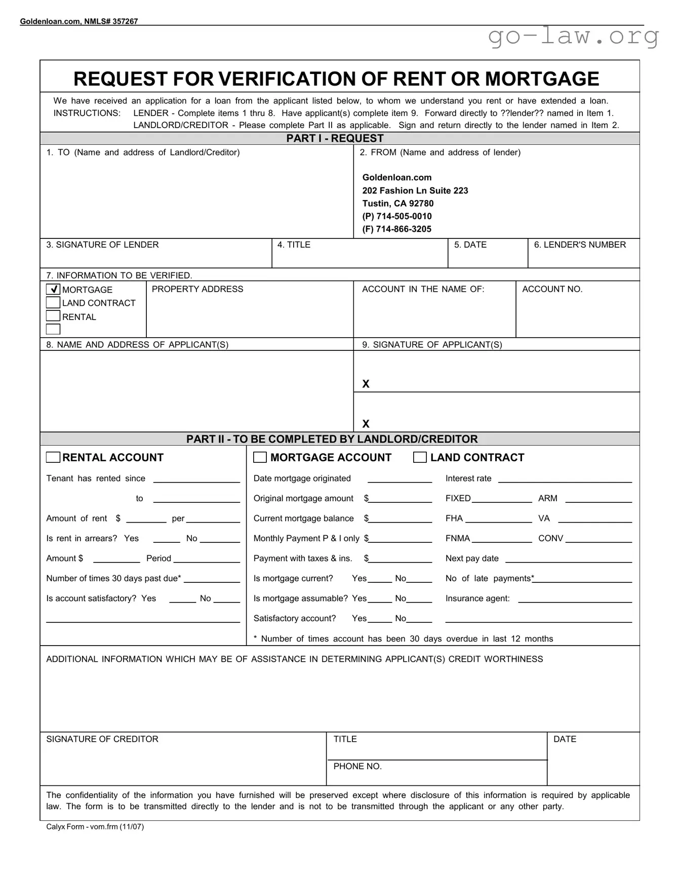 Download Verification Rent Mortgage Form in PDF