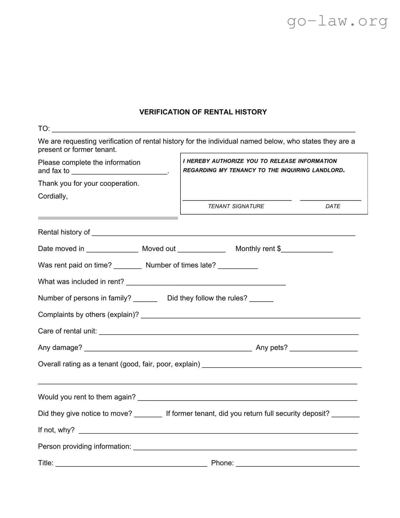 Download Verification Rental Form in PDF