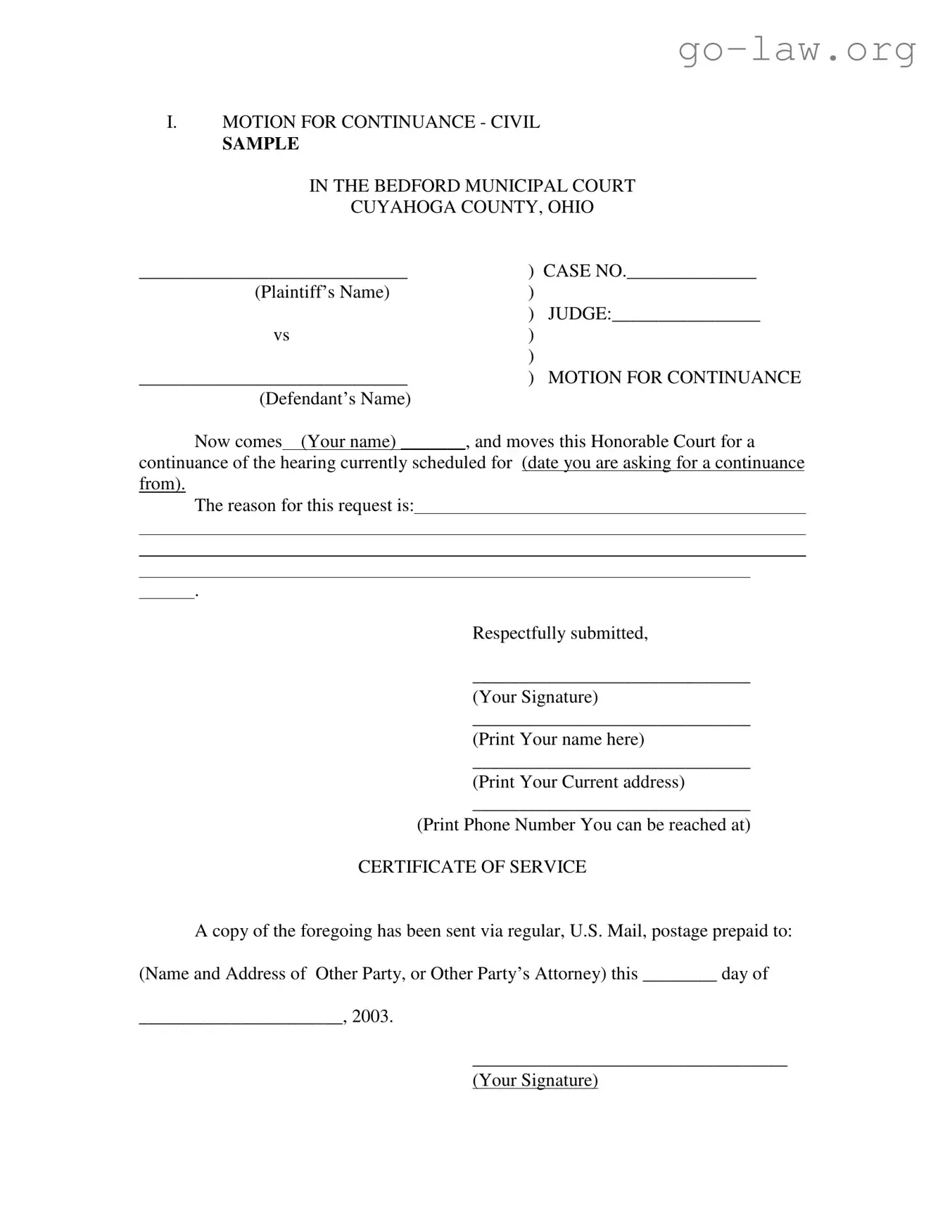 Download Motion For Continuance Form in PDF