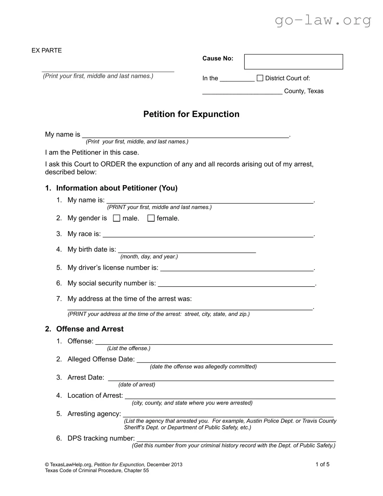 Download Petition Expunction Texas Form in PDF