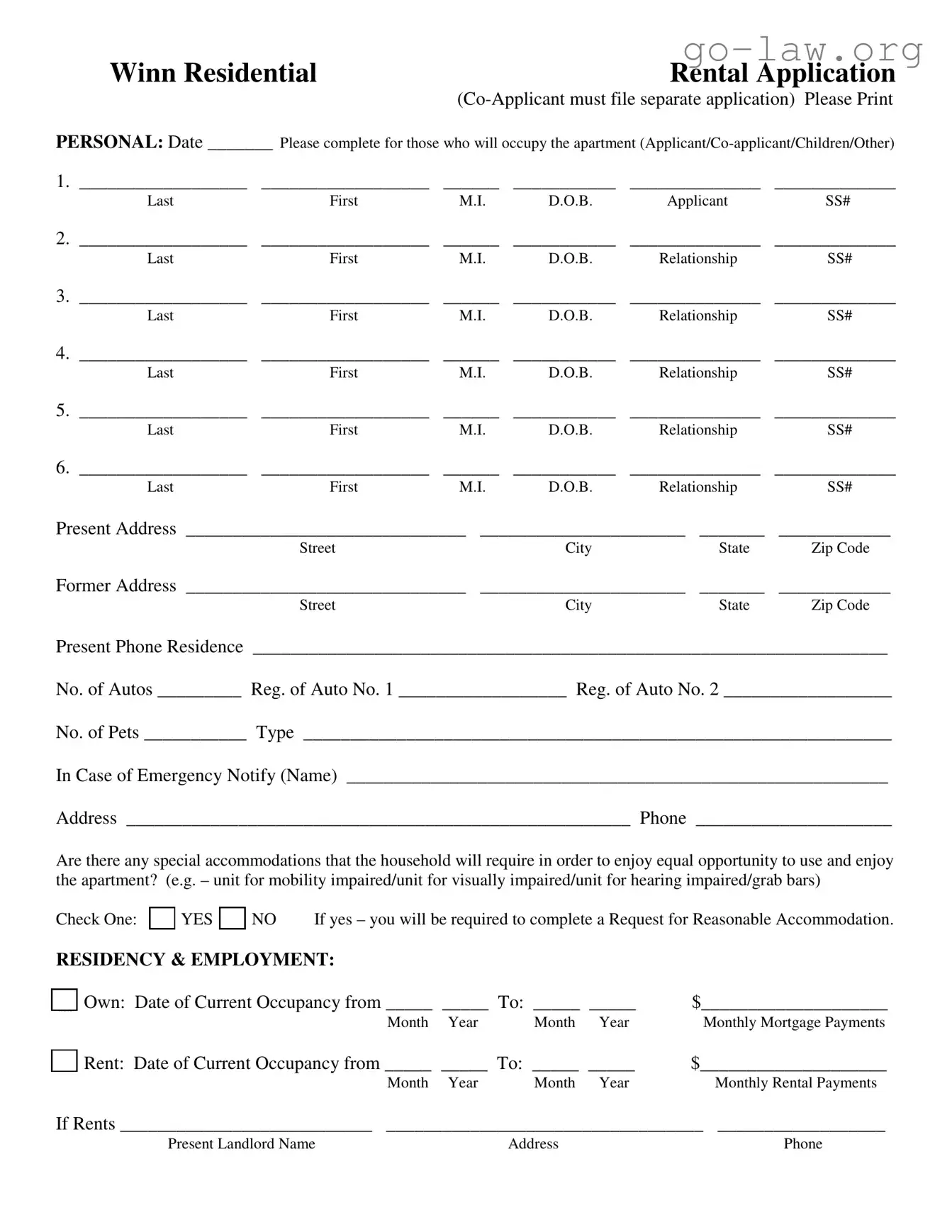 Download Winn Residential Application Form in PDF