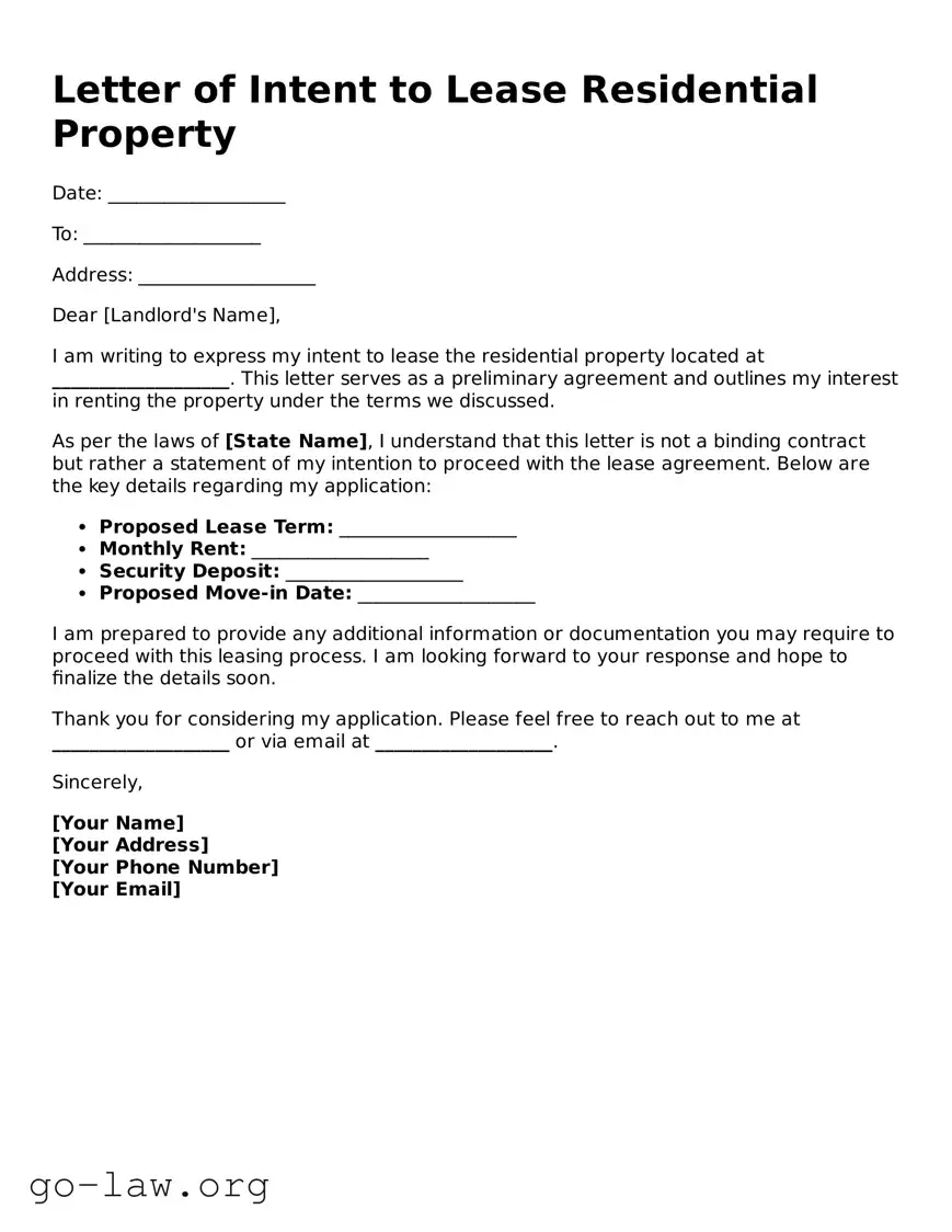 Blank Letter of Intent to Lease Residential Property Template