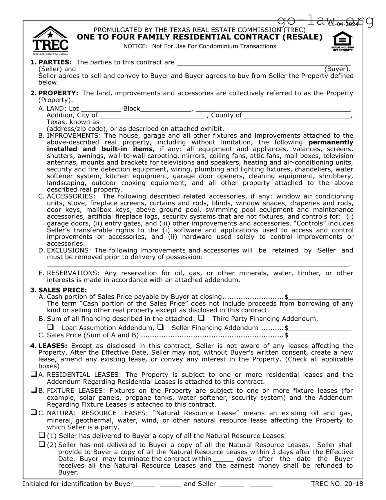 Download TREC One to four family residential contract Form in PDF