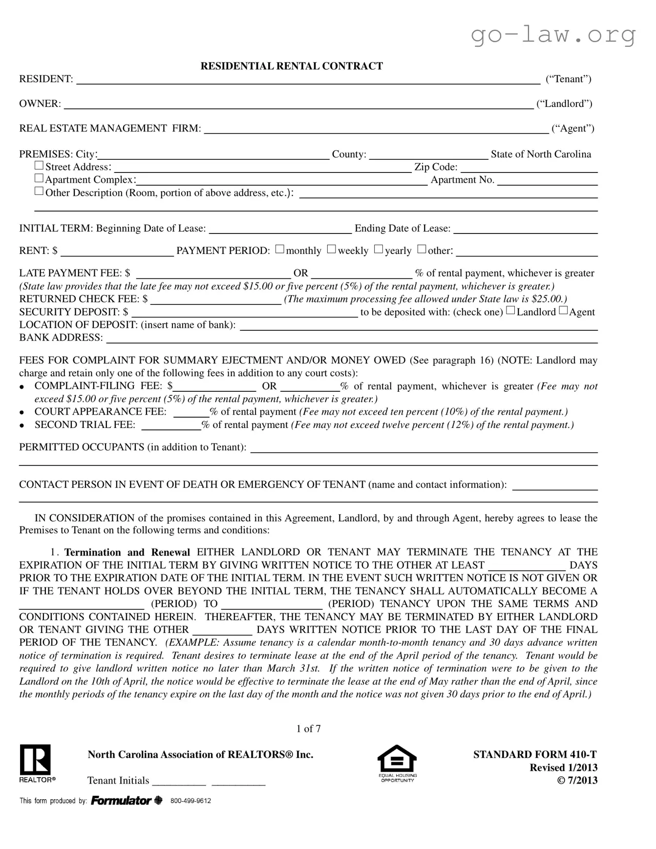 Download Nc Residential Rental Contract 410 T Form in PDF