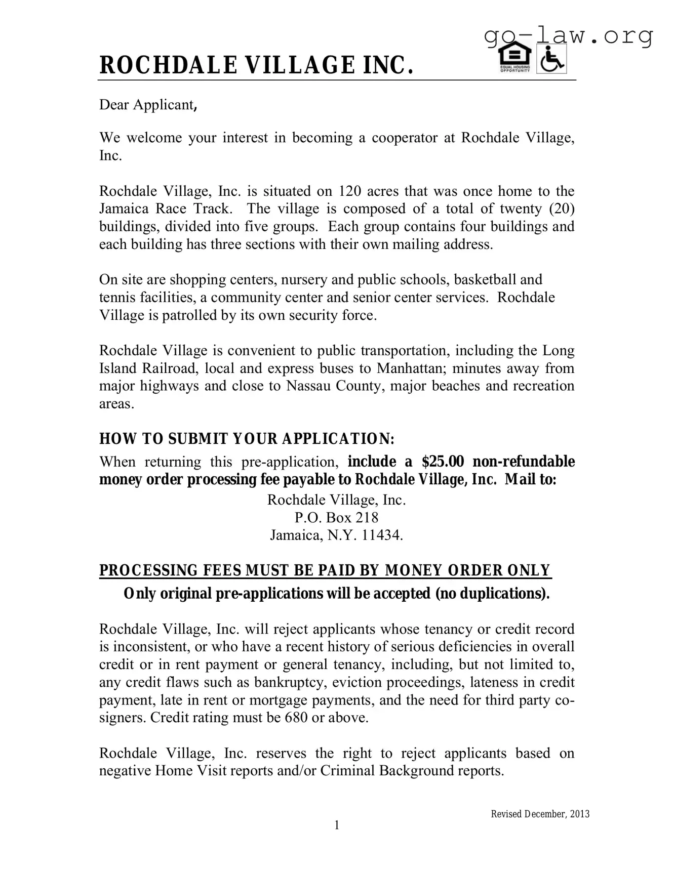 Download Rochdale village application Form in PDF