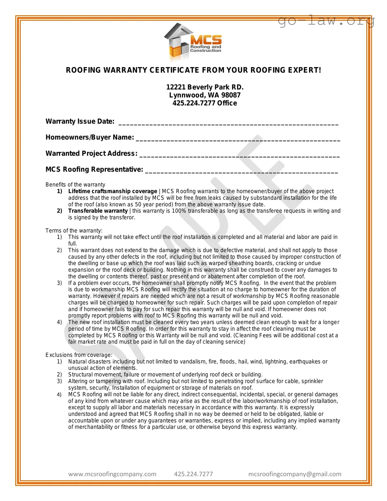 Download Roofing Warranty Certificate Form in PDF