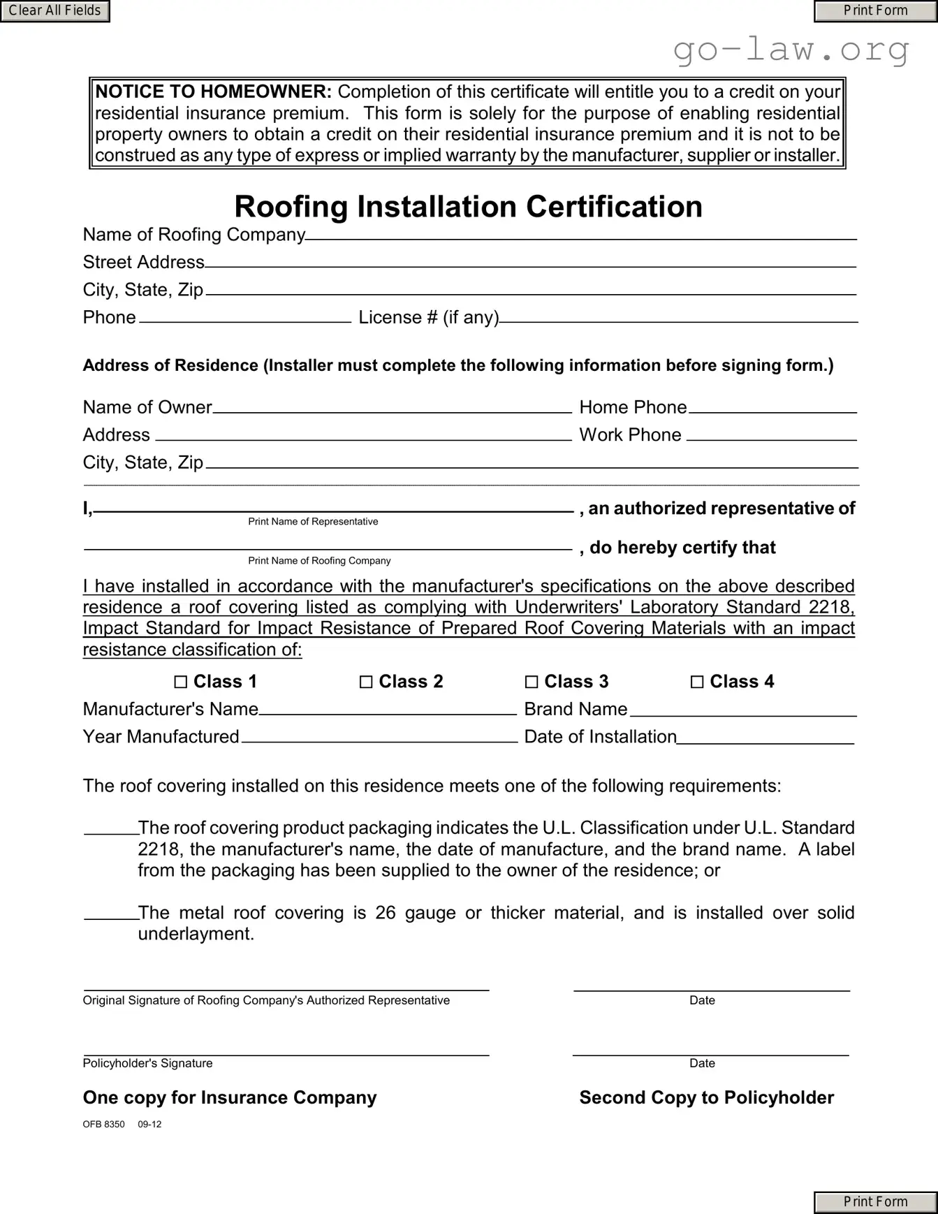 Download Roofing Certificate Form in PDF